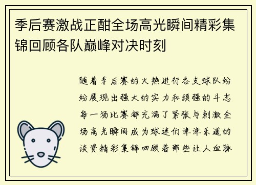 季后赛激战正酣全场高光瞬间精彩集锦回顾各队巅峰对决时刻