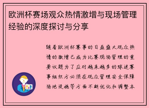 欧洲杯赛场观众热情激增与现场管理经验的深度探讨与分享