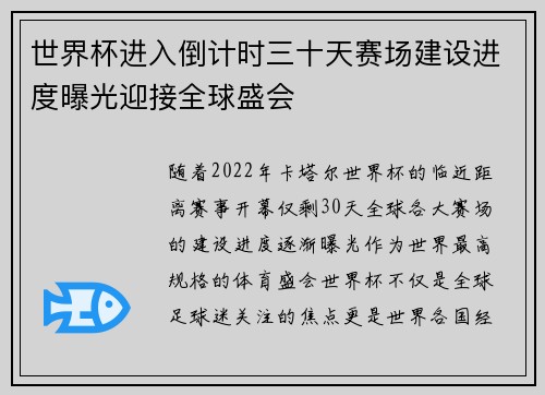 世界杯进入倒计时三十天赛场建设进度曝光迎接全球盛会