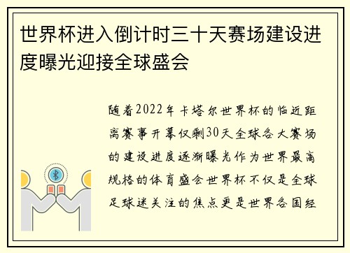 世界杯进入倒计时三十天赛场建设进度曝光迎接全球盛会